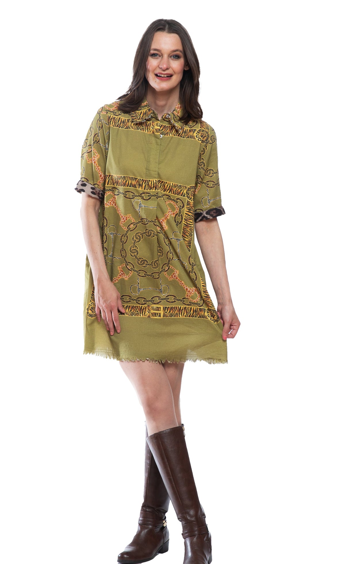Green chain-belt print shift dress, ruffled neckline, fringe hem, short sleeves
