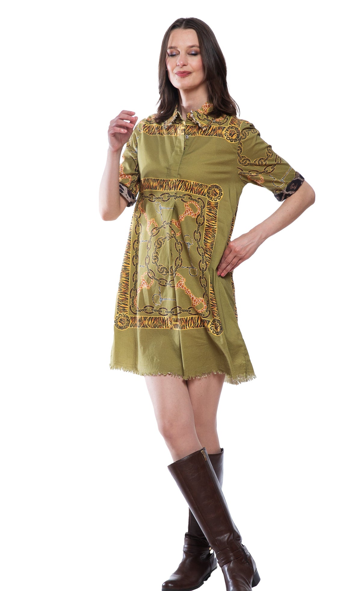 Green chain-belt print shift dress with ruffled collar, short sleeves, fringe hem