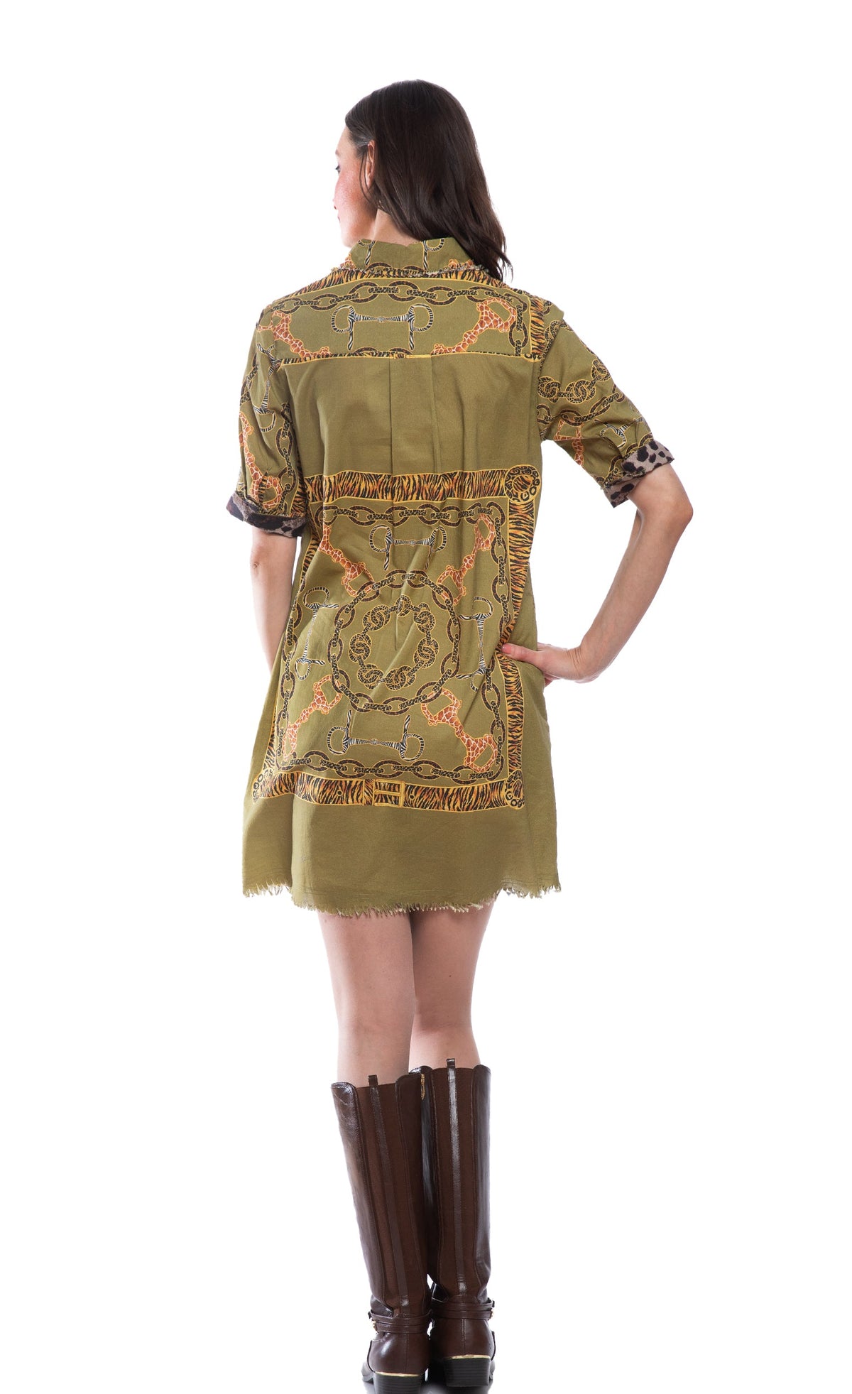 Back view: green chain-belt print short dress, ruffled yoke, fringe hem, short sleeves