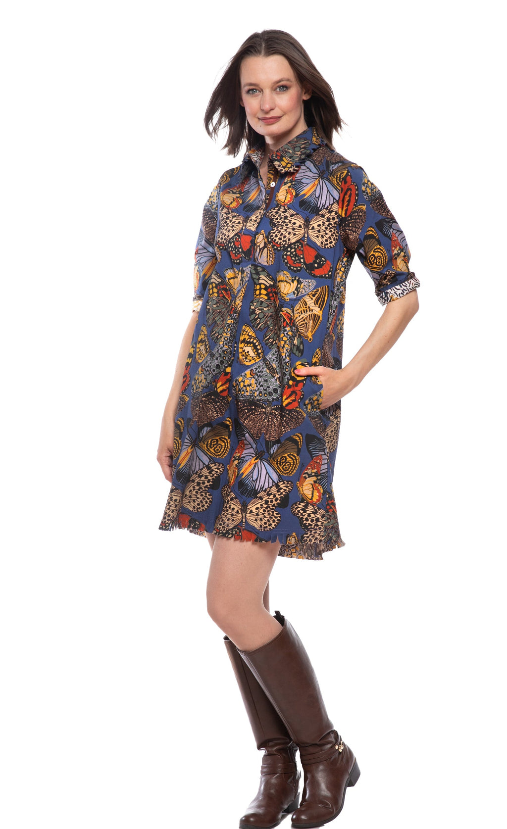 Blue butterfly print shirt dress, collared neckline and above-knee flared skirt