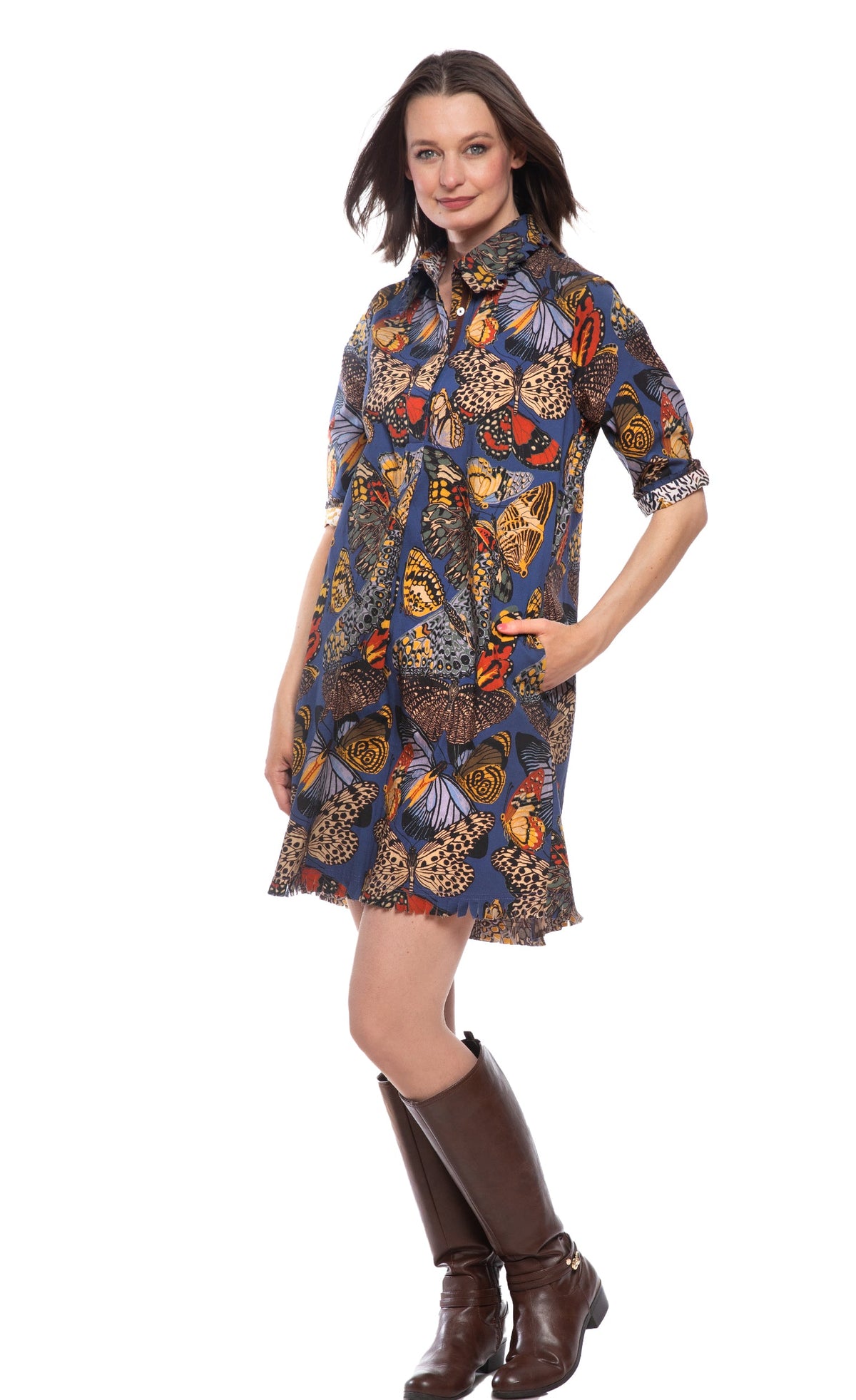 Blue butterfly print shirt dress, collared neckline and above-knee flared skirt