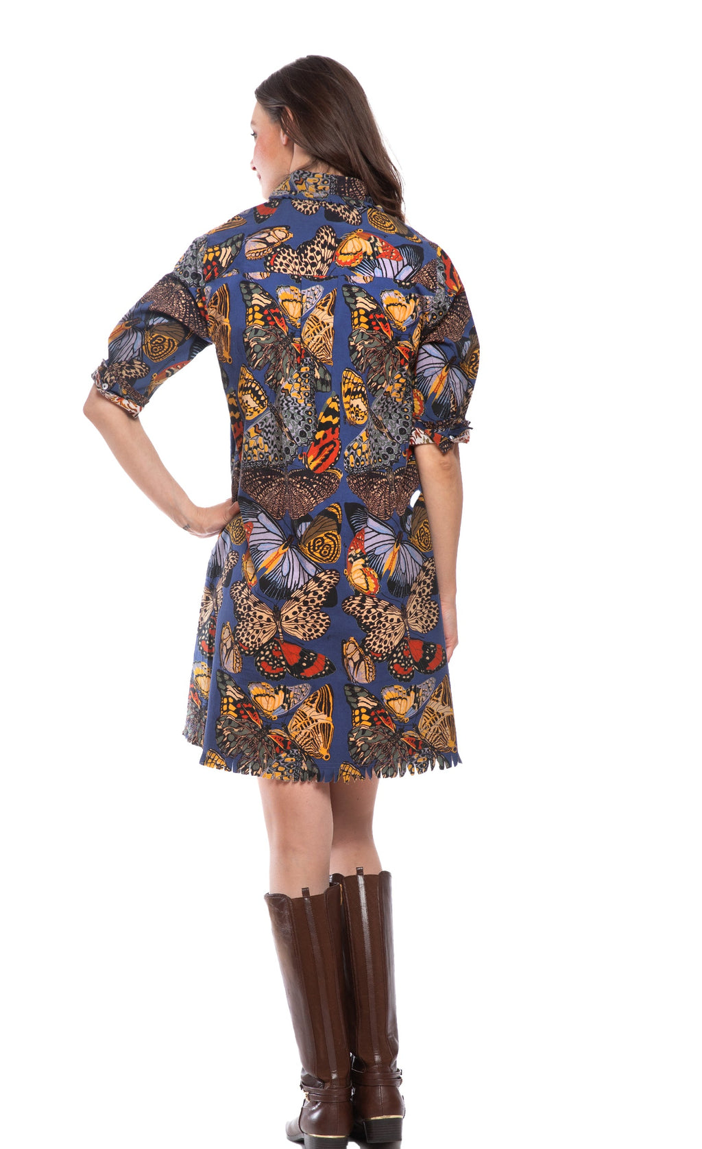 Blue butterfly print shirt dress with back yoke and flared ruffle hem