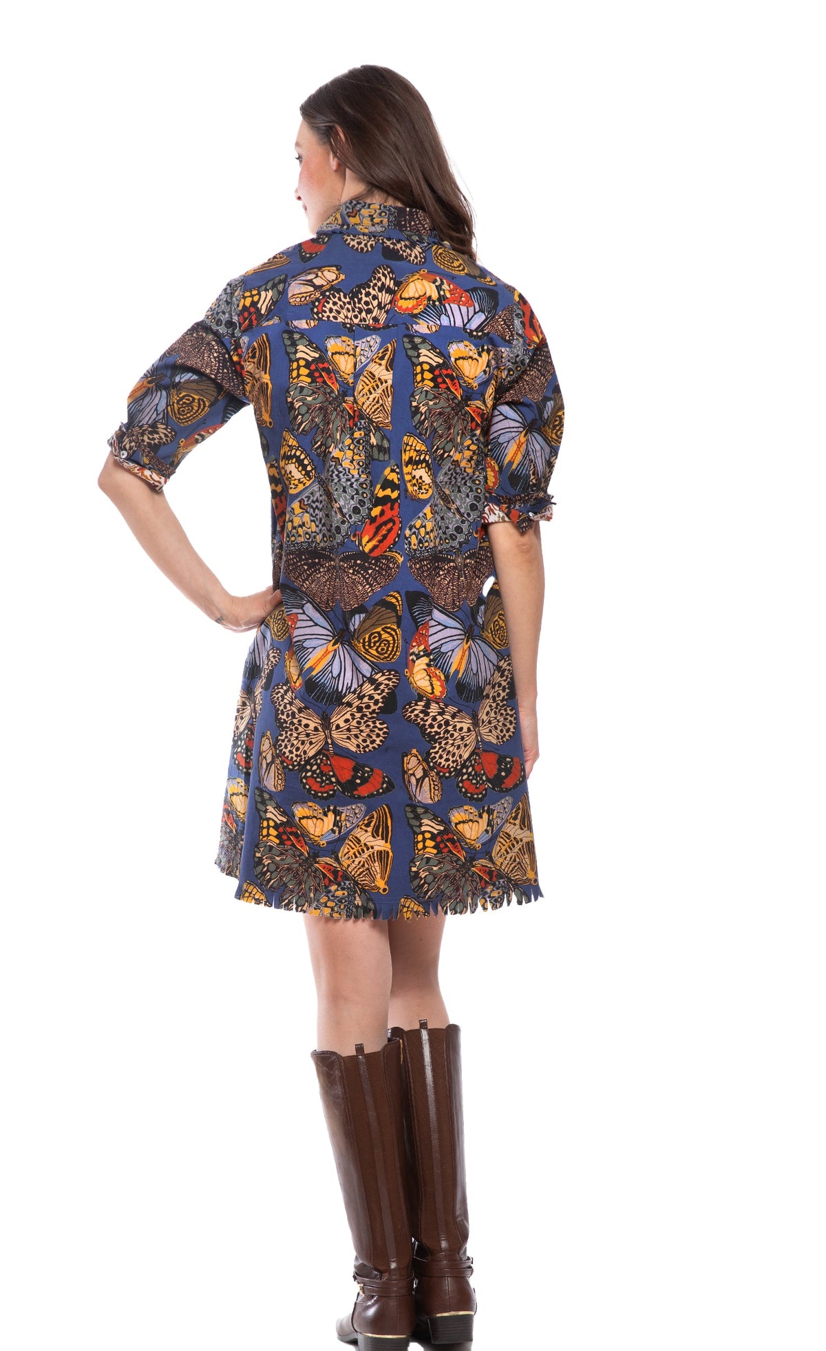 Blue butterfly print shirt dress with back yoke and flared ruffle hem