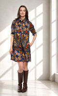 Blue butterfly print shirt dress with collar, short sleeves, ruffled hem