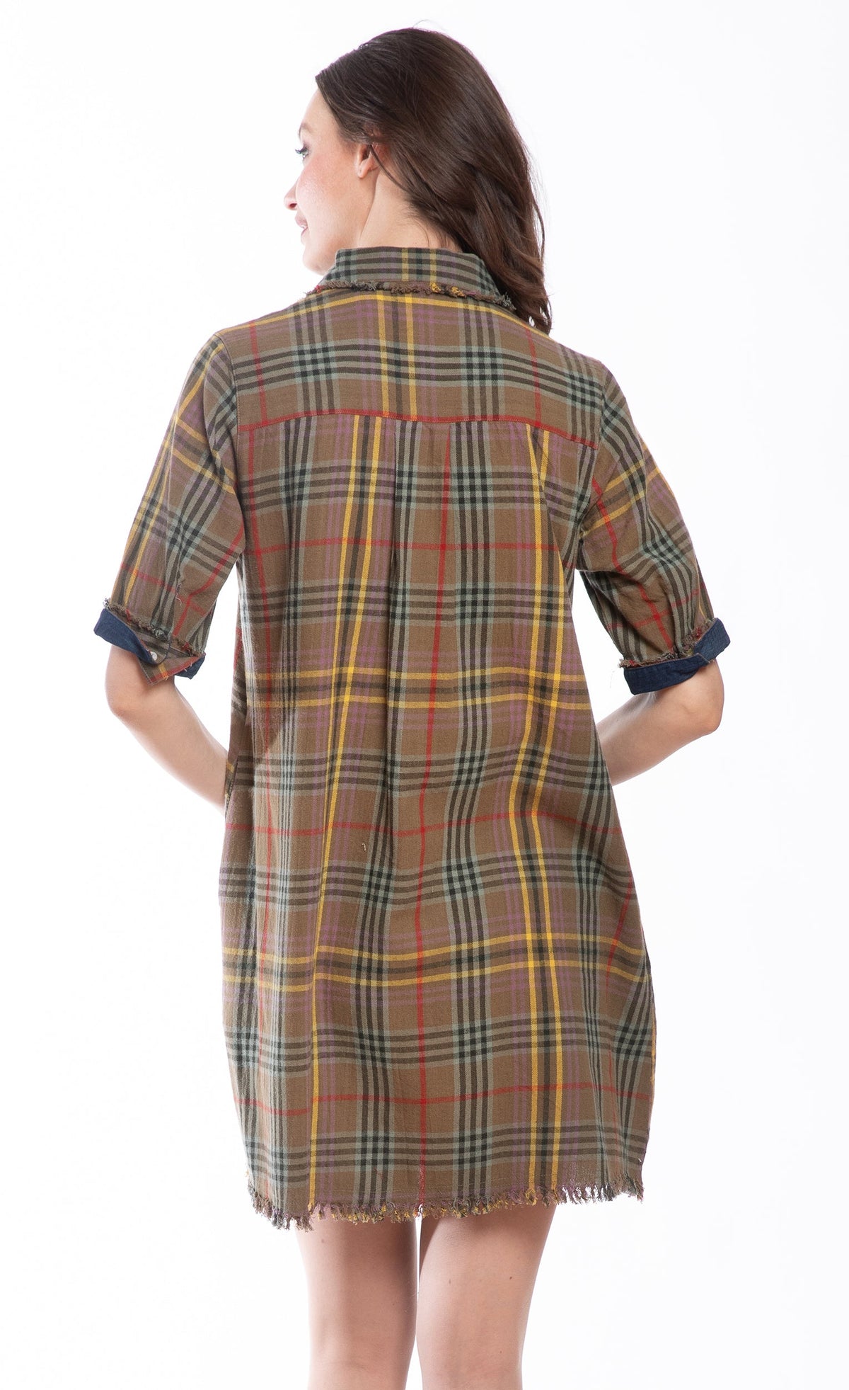 Tartan plaid shirt dress, back view, button placket and fringe hem with navy cuffs