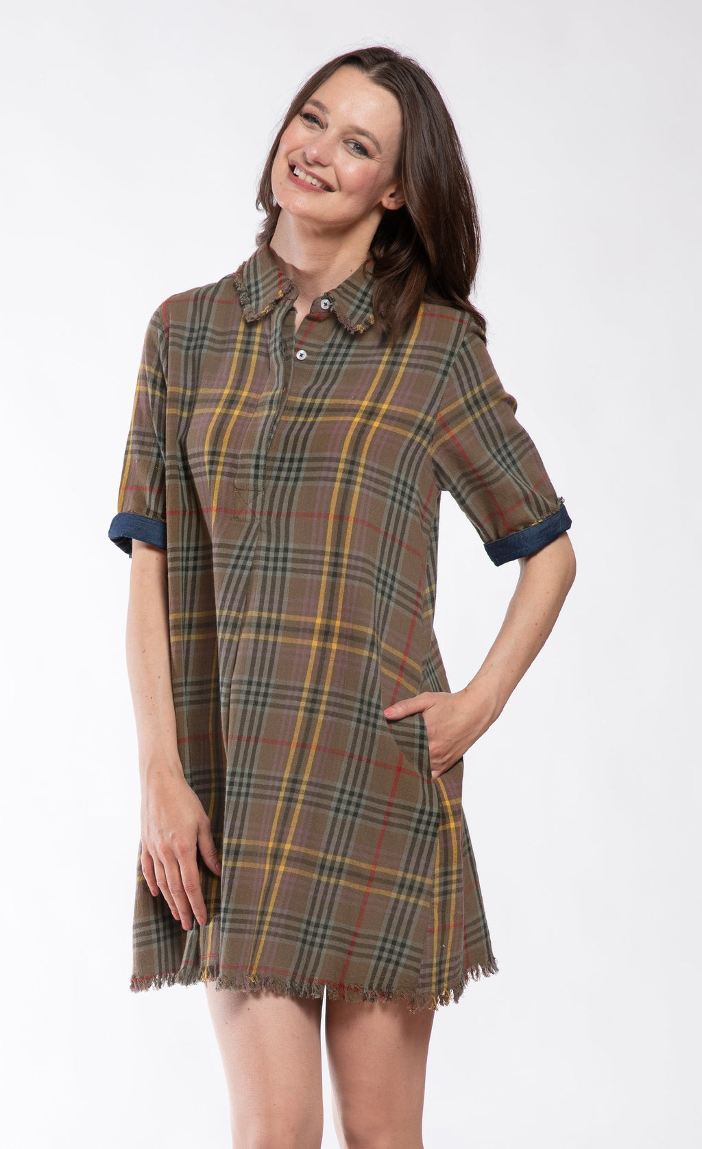 Tartan plaid shirt dress with short sleeves, button front, navy-trim cuffs, fringe hem