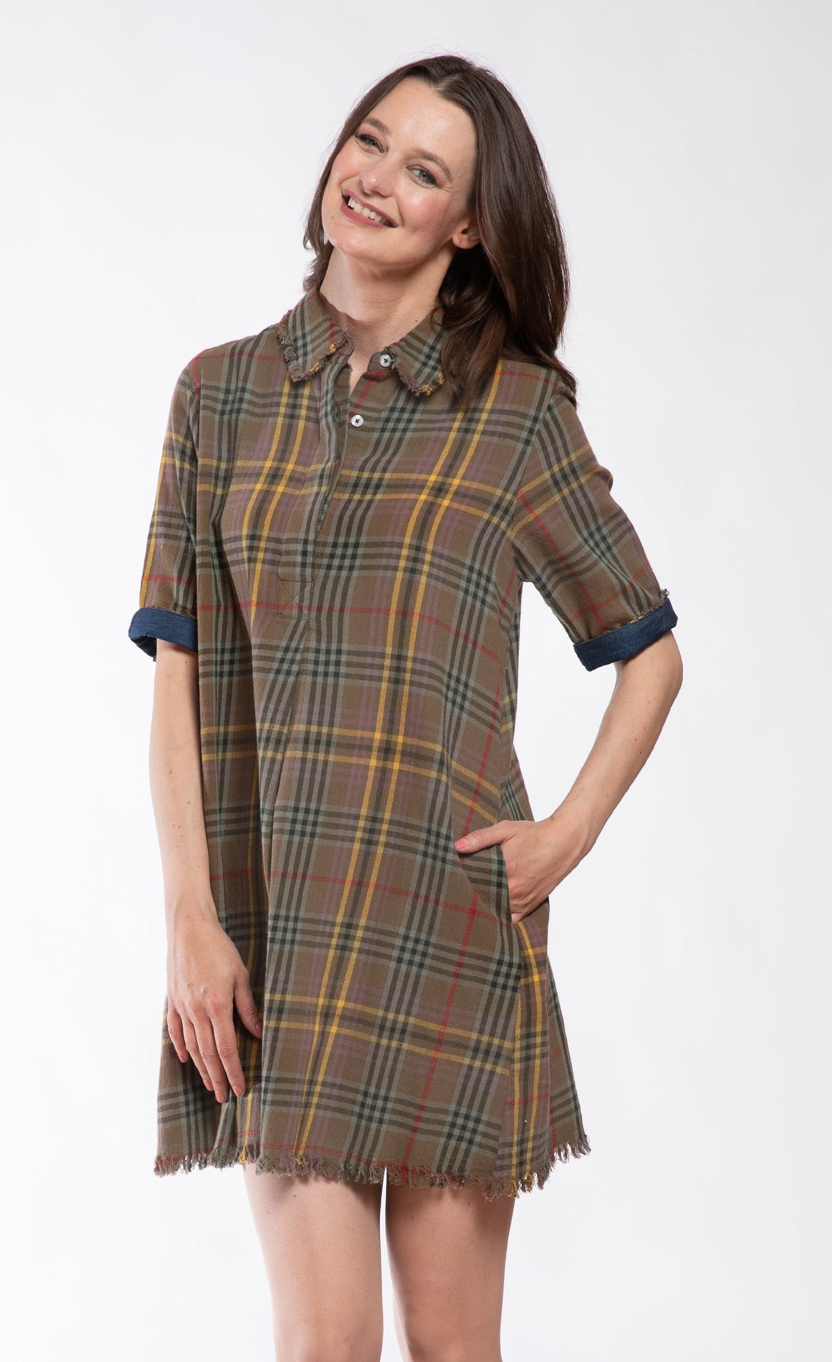 Tartan plaid shirt dress with short sleeves, button front, navy-trim cuffs, fringe hem
