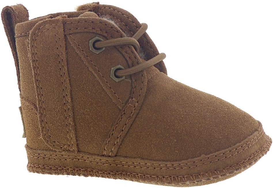 Chestnut suede infant boot with lace-up closure and side gore panel