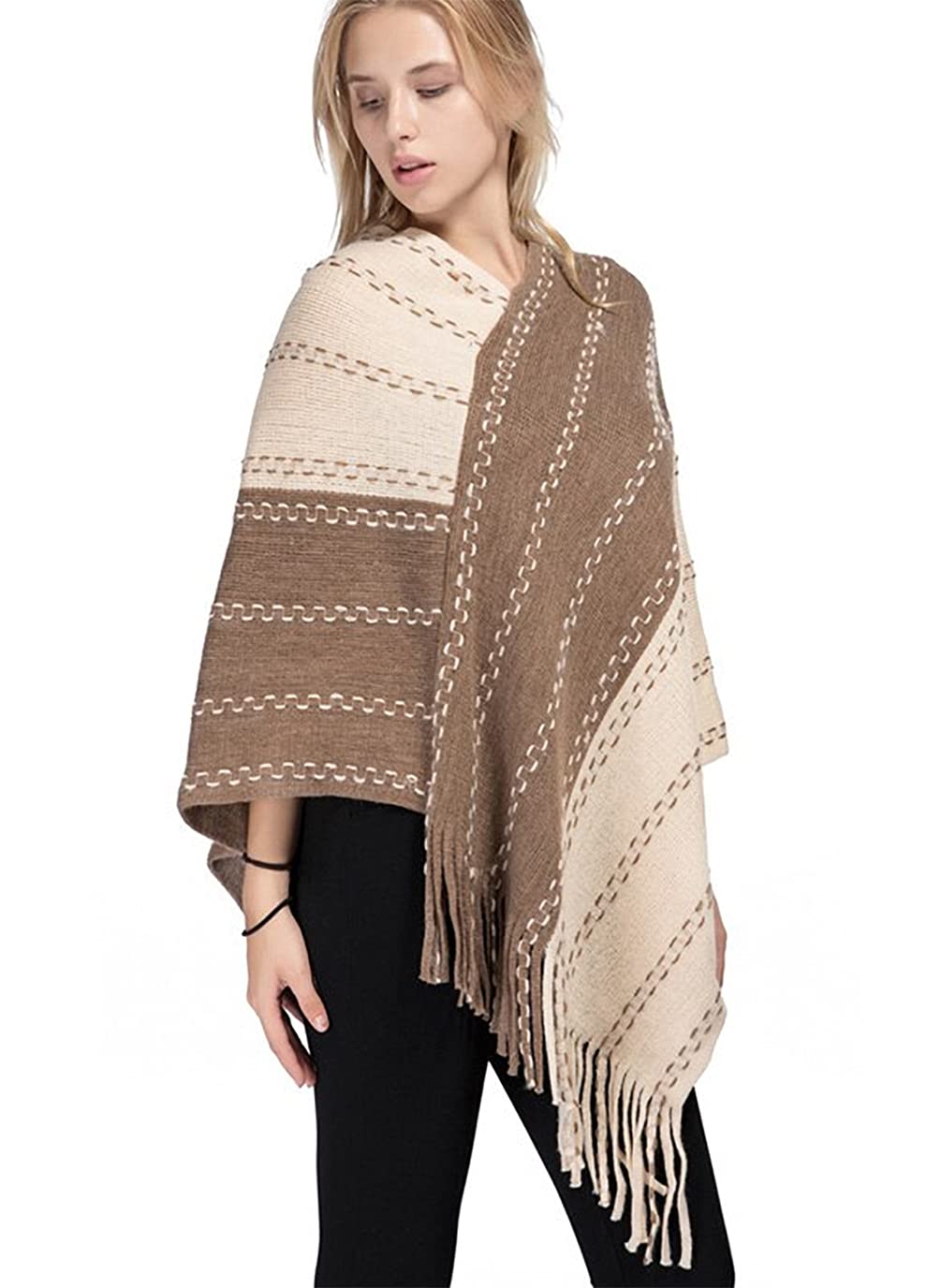 Khaki knitted poncho with two-tone diagonal stripes and hanging fringe at hem