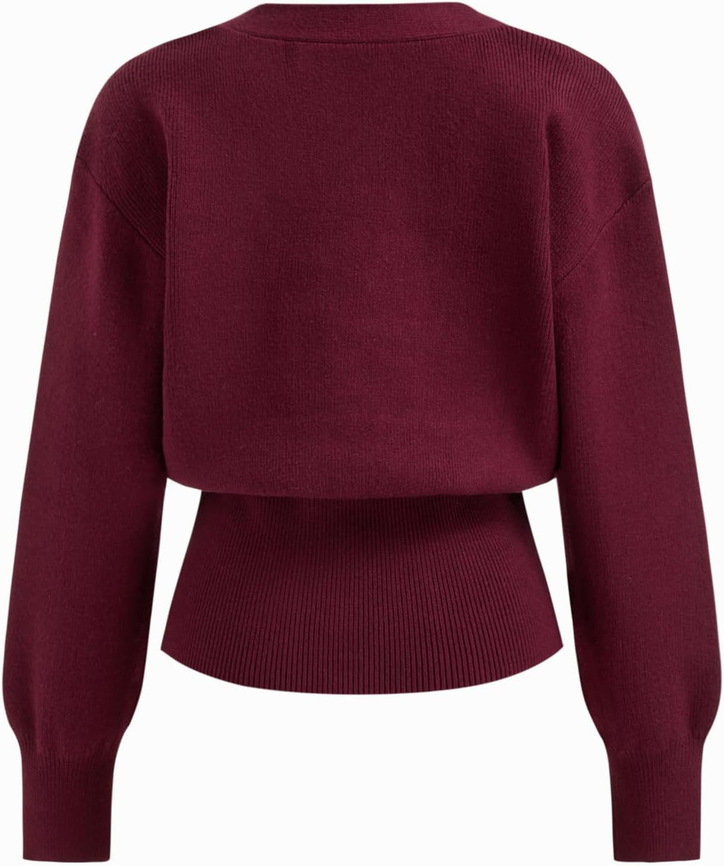 Wine red back view v-neck open-front cardigan sweater with long sleeves