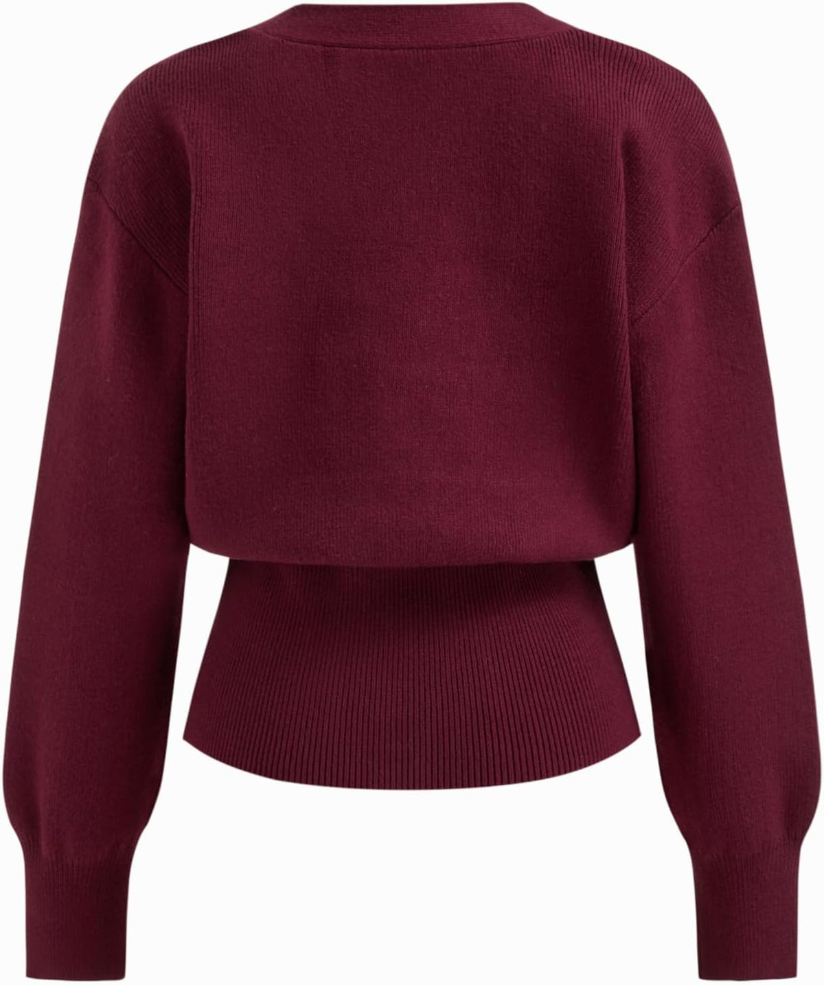Wine red back view v-neck open-front cardigan sweater with long sleeves