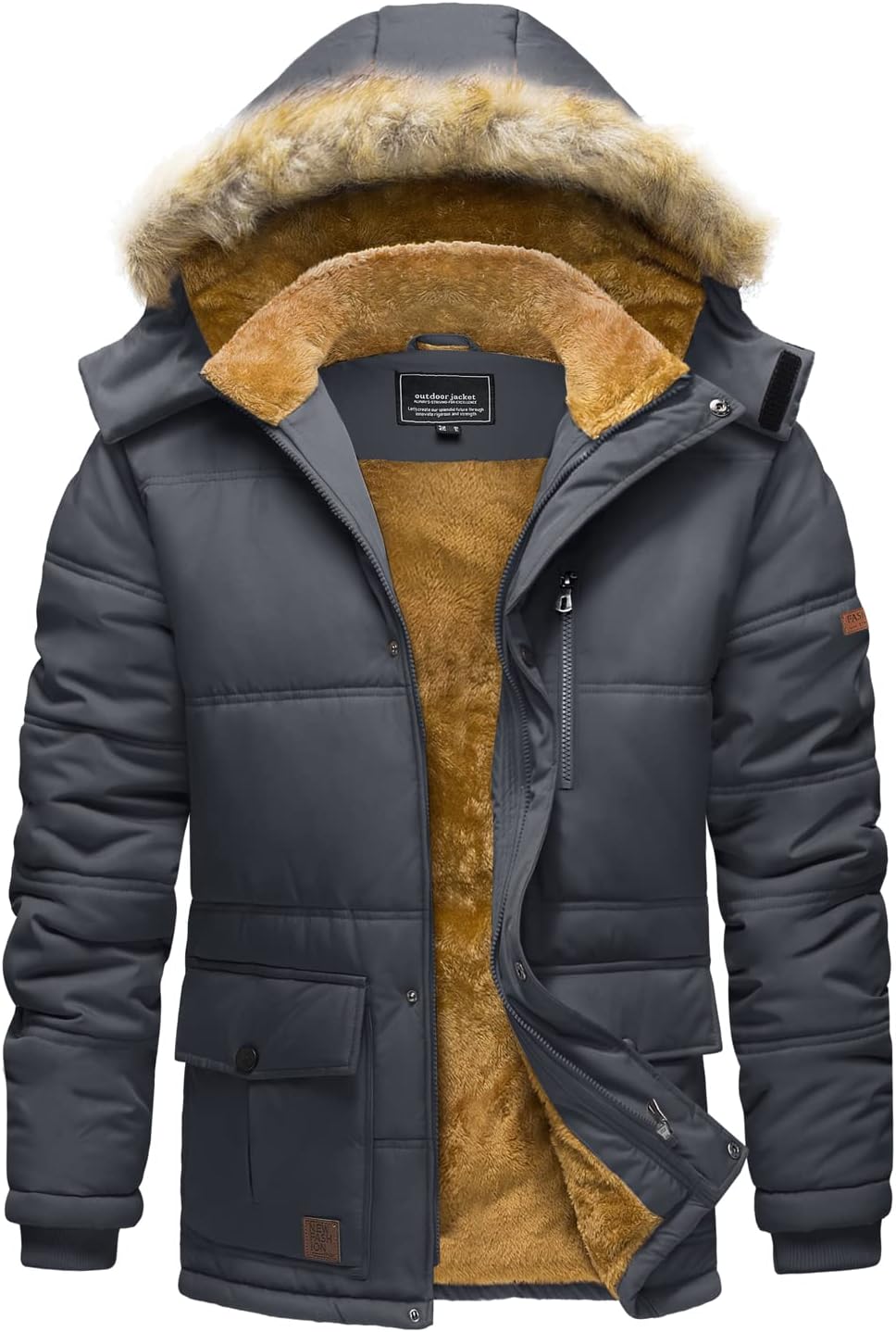Men’s dark grey winter parka jacket with hood, faux-fur collar, and sherpa-style lining
