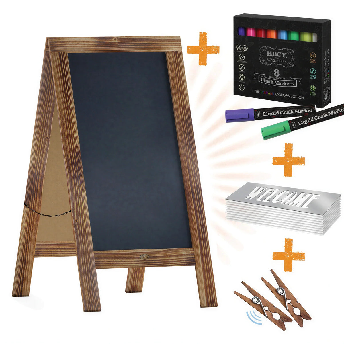 Double-sided magnetic chalkboard A-frame sign with dark board and light wood frame
