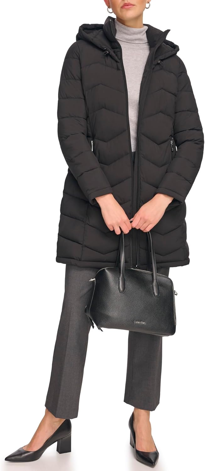 Black long quilted bib-front hooded jacket with full zip and side pockets