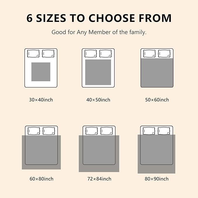 Cream chunky knit blanket size chart showing multiple inch options