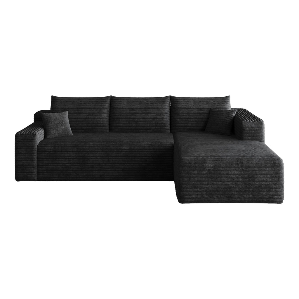 Black corduroy sectional sofa with chaise, clean-lined arms and square seat cushions