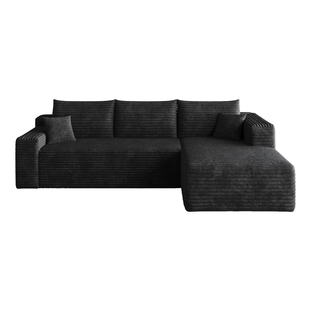 Black corduroy sectional sofa with chaise, clean-lined arms and square seat cushions