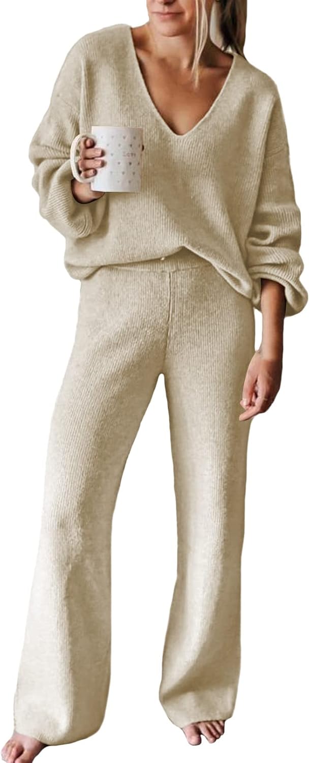 Women's knit V-neck sweater and wide-leg lounge pants set in light beige