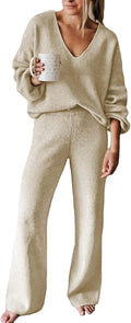 Women's knit V-neck sweater and wide-leg lounge pants set in light beige