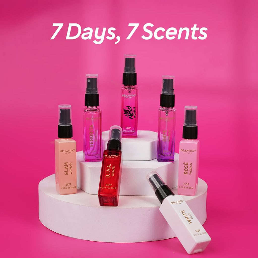 Seven 8ml perfume spray bottles on a white tiered display
