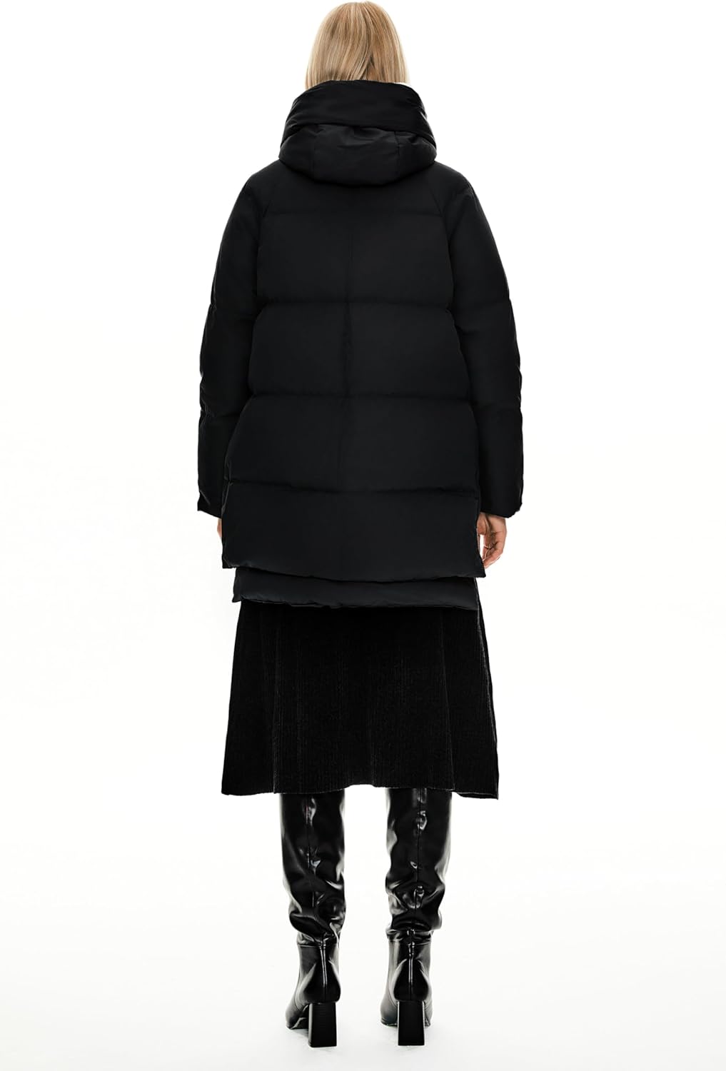 Black long puffer down jacket, back view, with hood and layered hem design