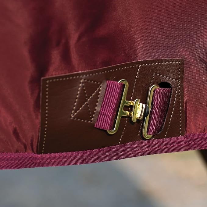 Burgundy sheet close-up with two metal buckles and stitched strap