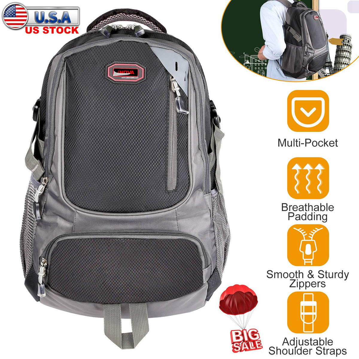 Gray school backpack with padded back panel, front zip compartments, and top handle
