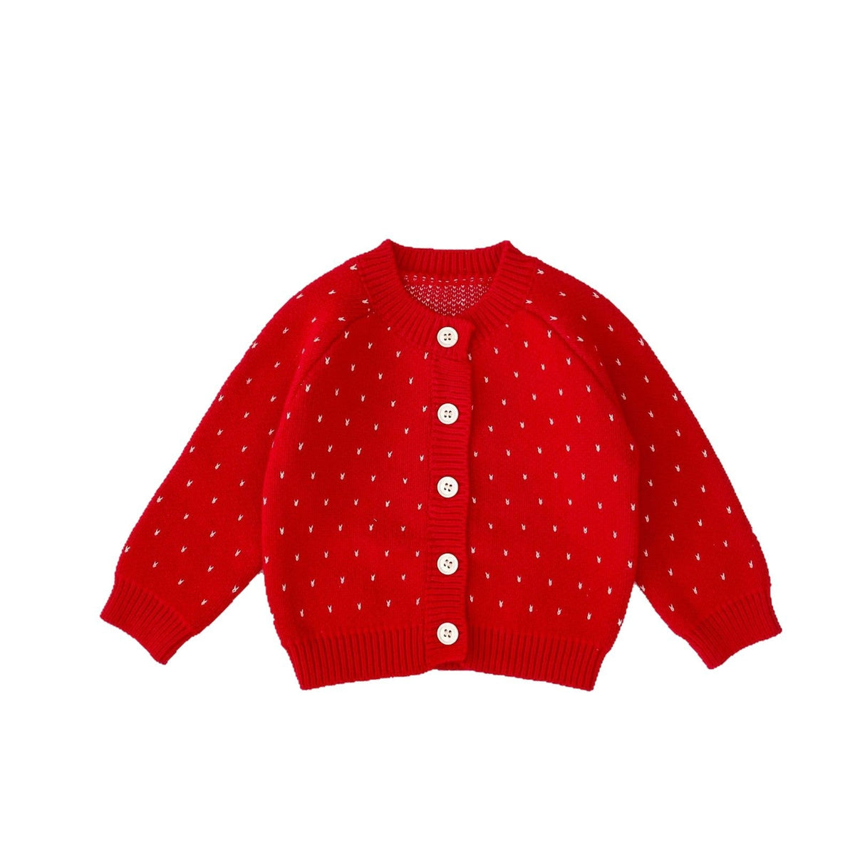 Red baby knit cardigan with tiny dot pattern and five-button front