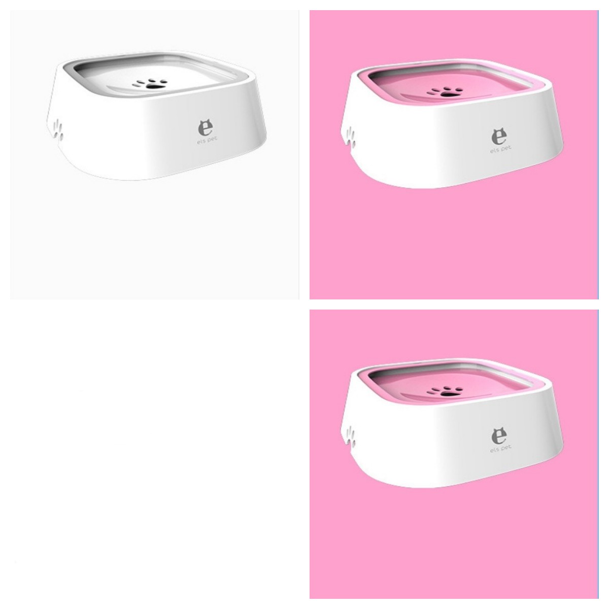 Pet water bowl with floating slow-feed tray, anti-overflow design, white with gray and pink inserts