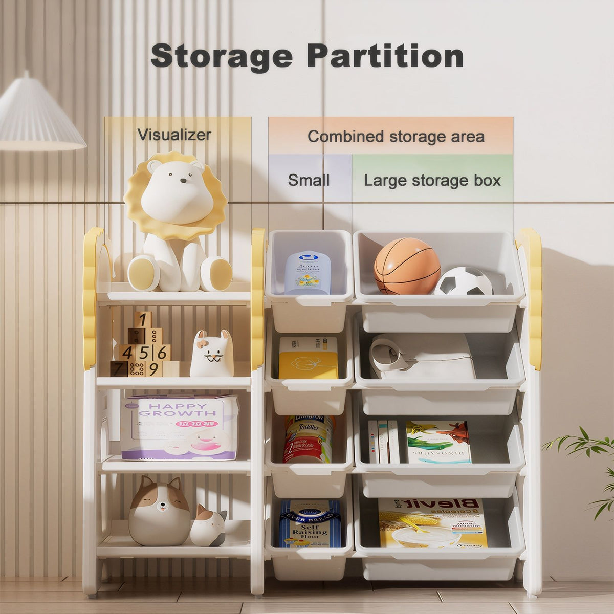 Kids toy storage shelf with divided compartments and 8 removable gray storage bins