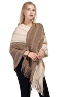 Two-tone knitted poncho sweater with long fringe and horizontal stripe panels, khaki