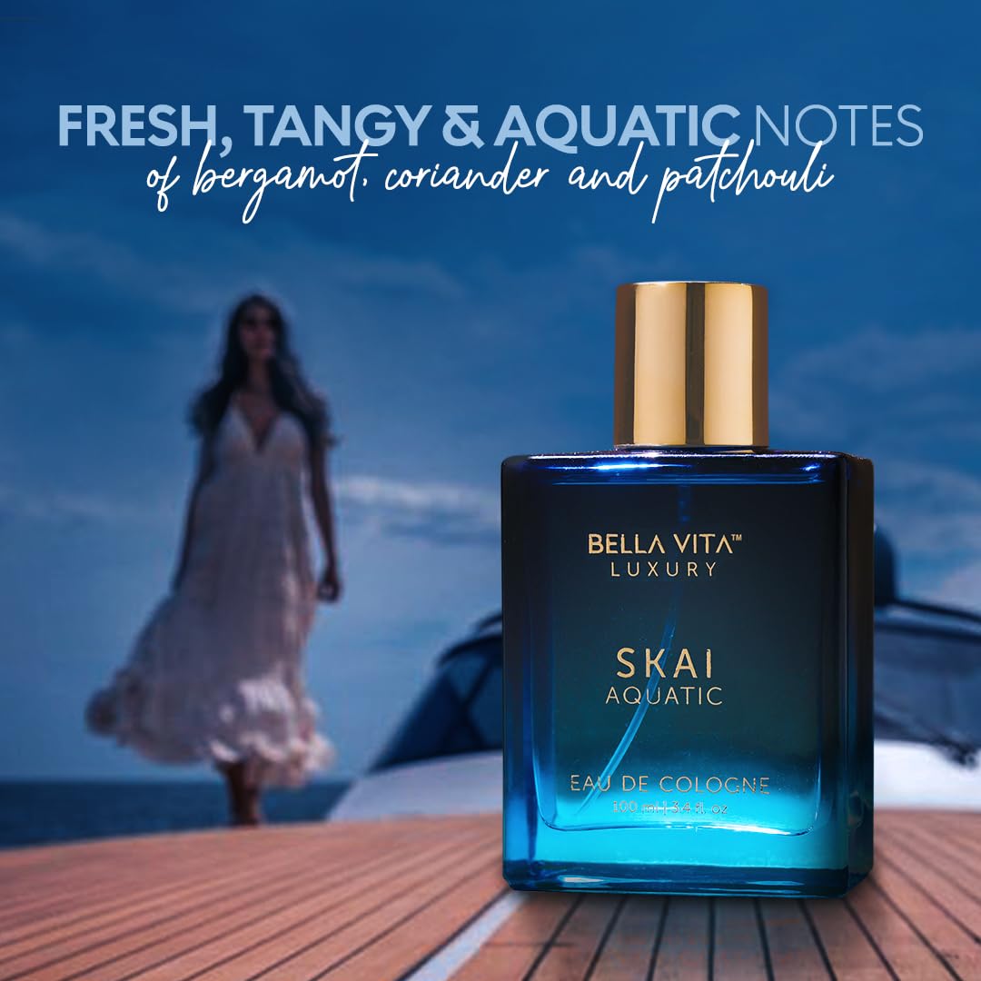 SKAI Aquatic eau de cologne bottle with gold cap, blue glass