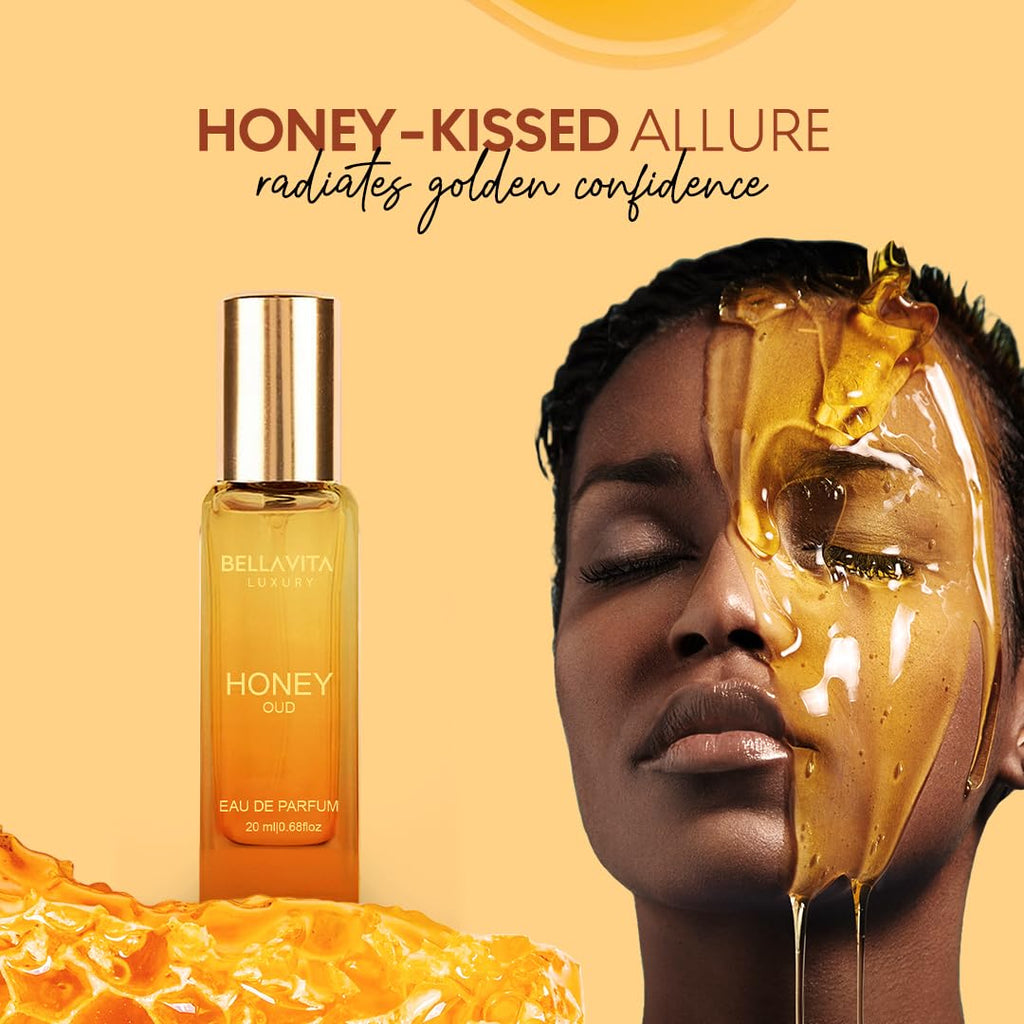 Honey Oud eau de parfum bottle with gold cap, amber glass