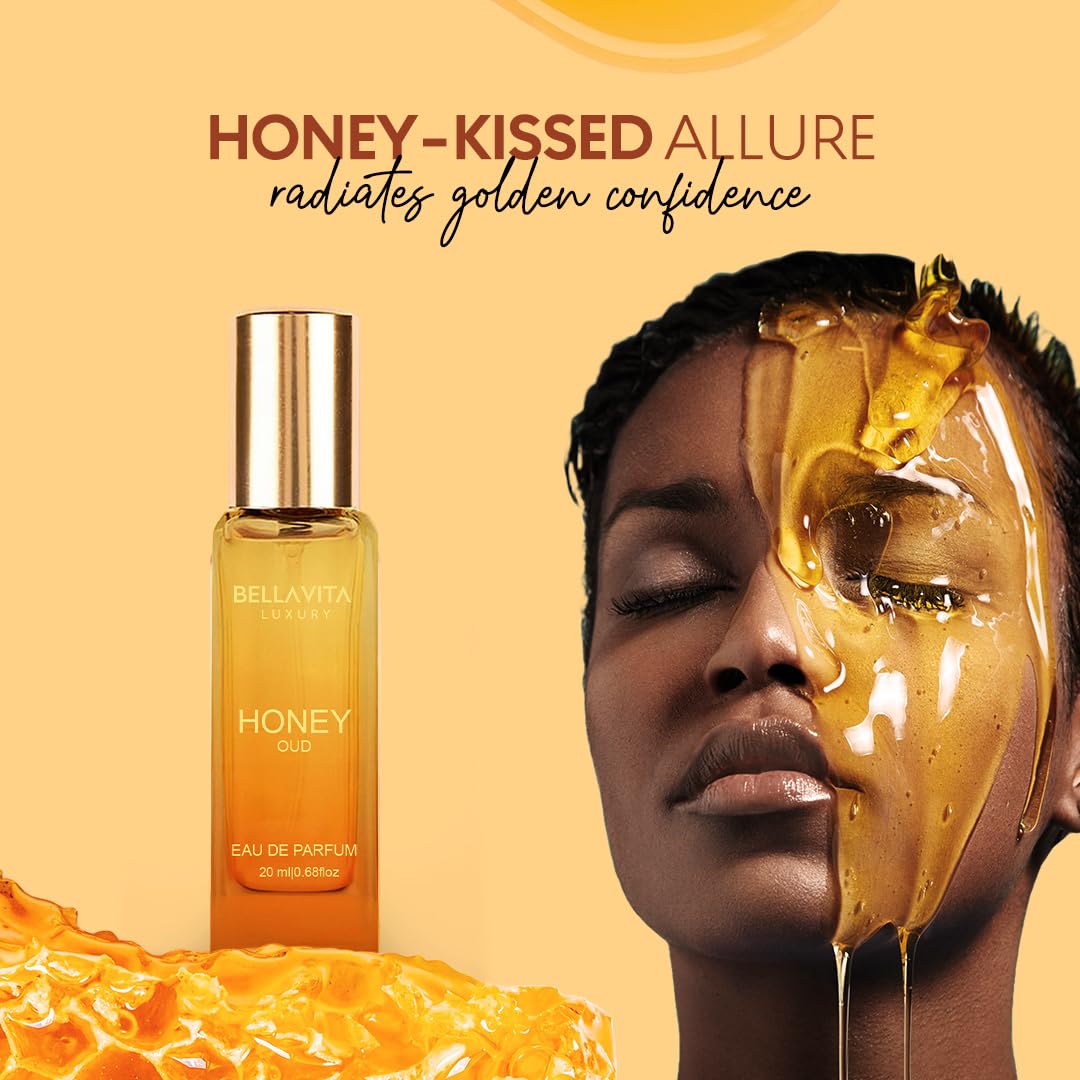 Honey Oud eau de parfum bottle with gold cap, amber glass