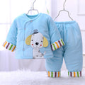 Blue baby padded coat and joggers set with dog applique and striped sleeve cuffs
