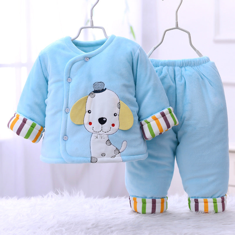 Blue baby padded coat and joggers set with dog applique and striped sleeve cuffs