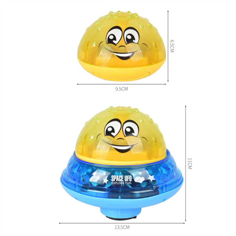 Yellow and blue UFO water sprinkler toy with size diagram, cartoon face design