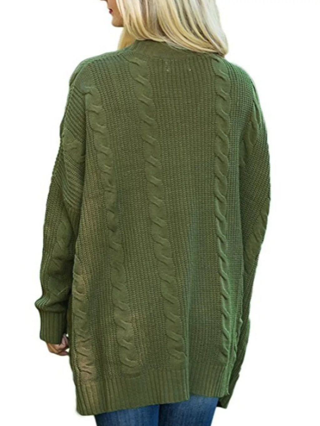 Green chunky knit open-front cardigan back view with cable knit texture