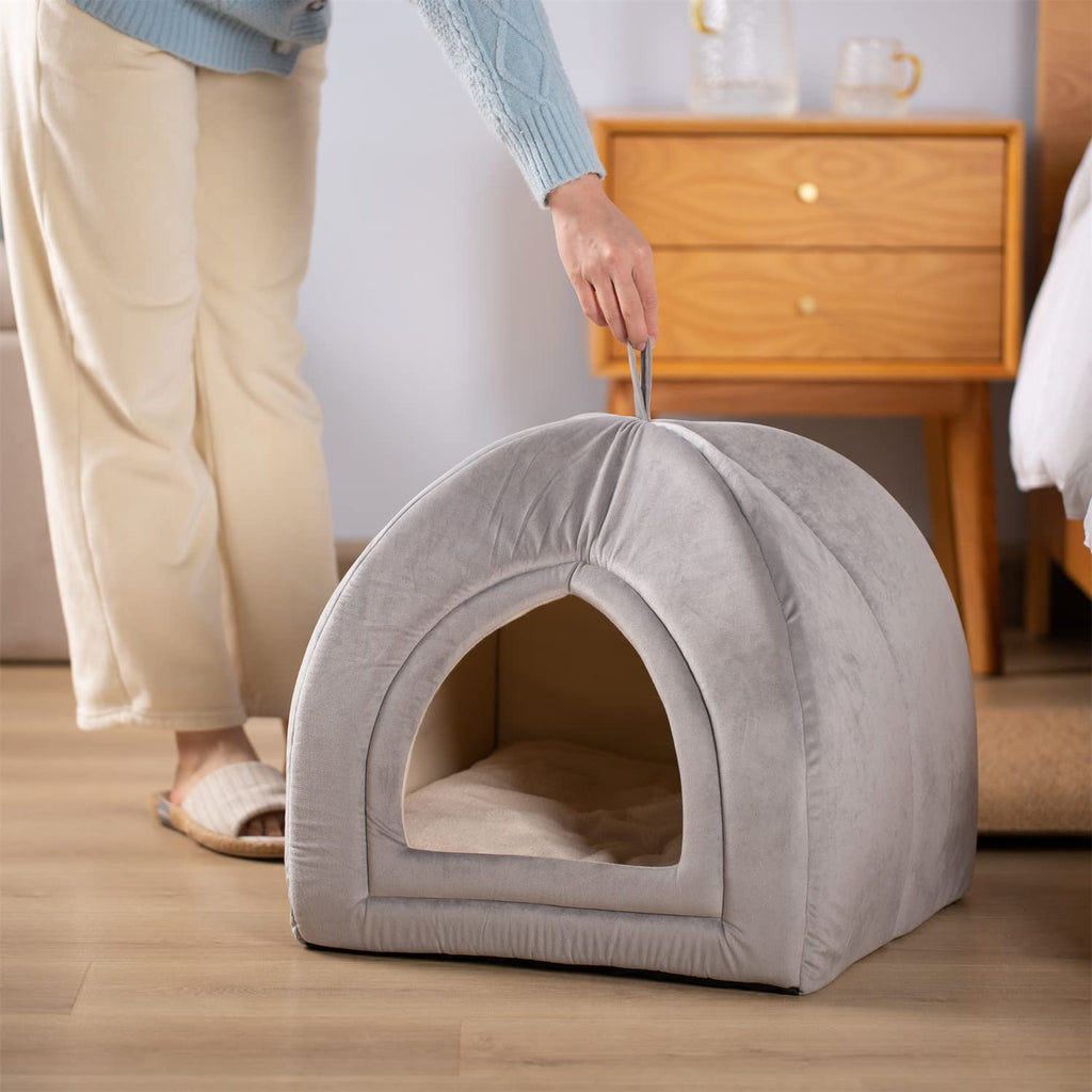 Gray cat tent bed with arched opening and removable top cushion held upright