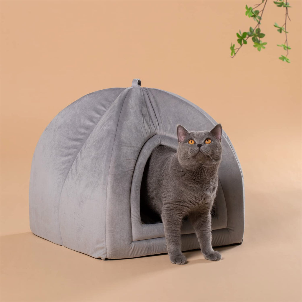 Gray soft cat tent bed with arched doorway and gray cat sitting inside