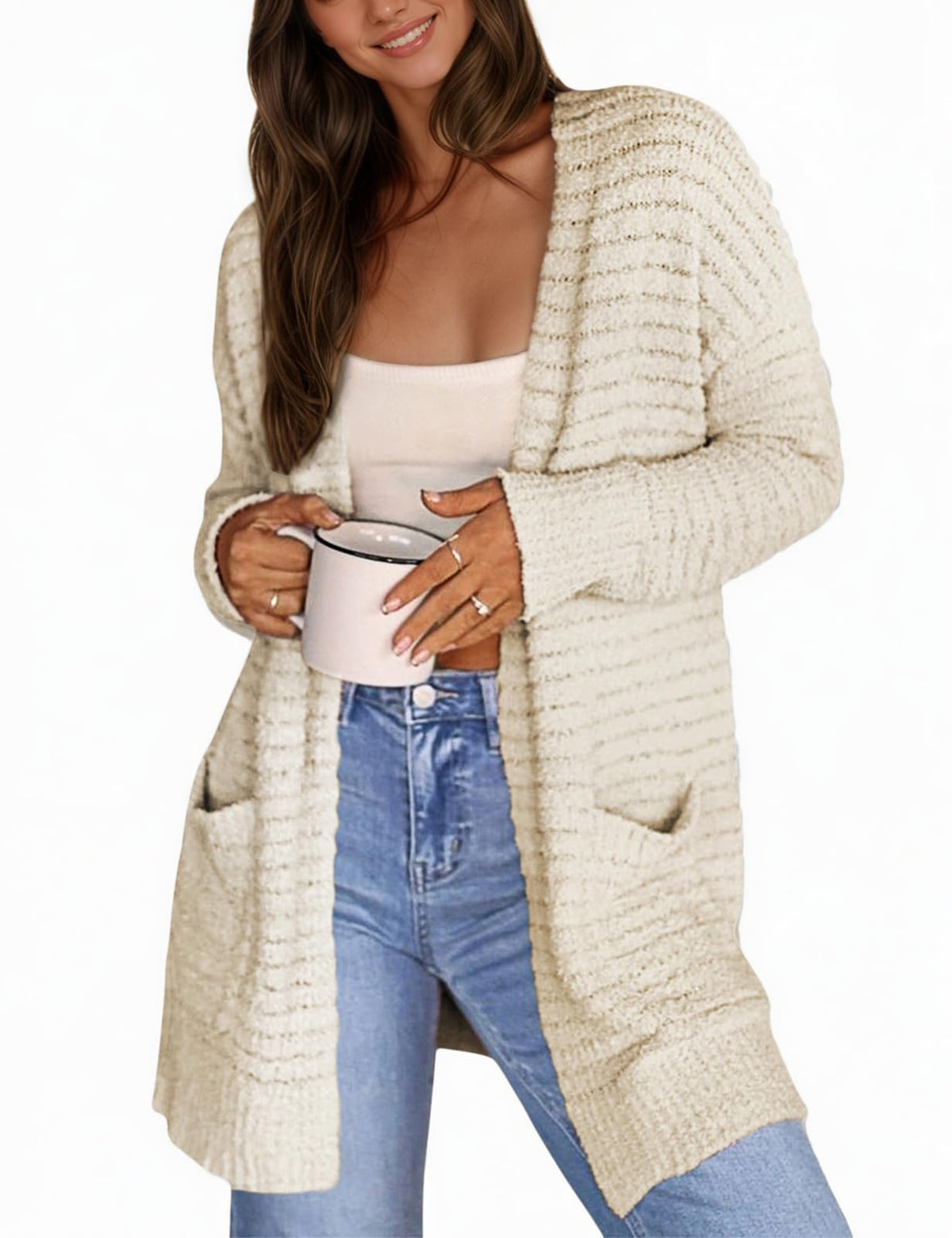 Beige fuzzy long knit cardigan sweater with open front and side pockets