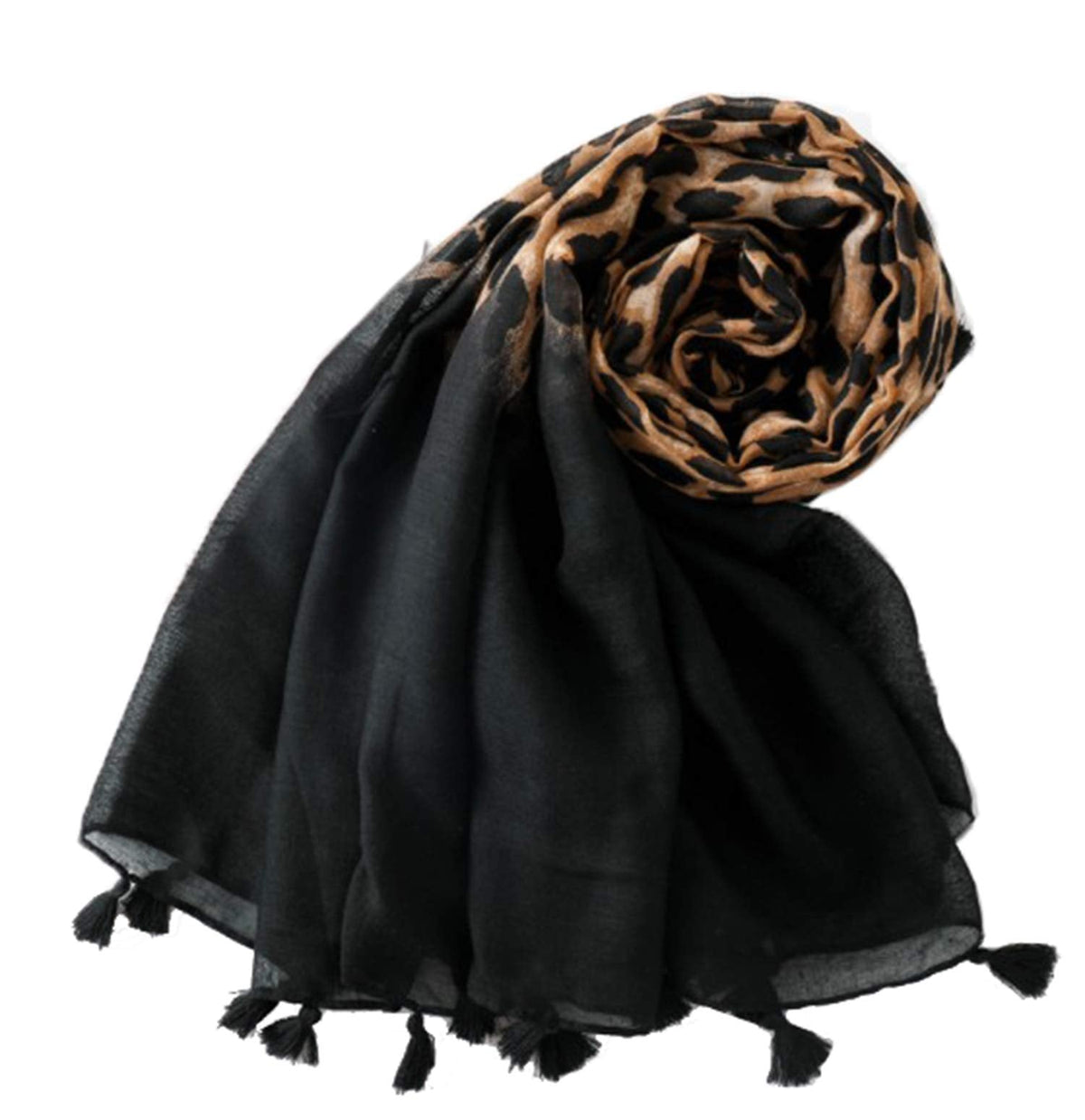 Leopard print scarf wrap with black base and tan accents, tassel fringe edges