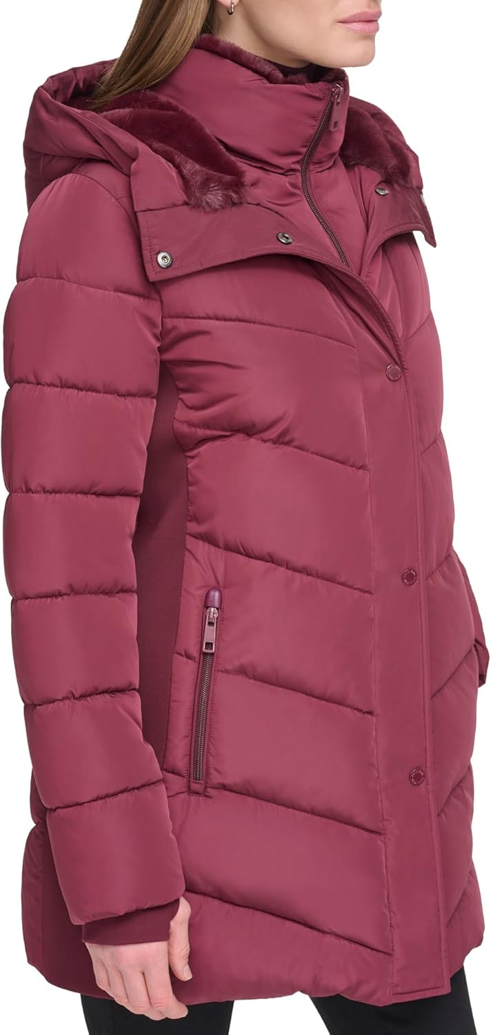 Women’s maroon long puffer jacket with hood and zip-front, side pocket detail
