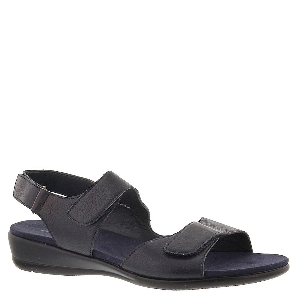 Black slide sandal with two straps, open toe, cushioned wedge sole
