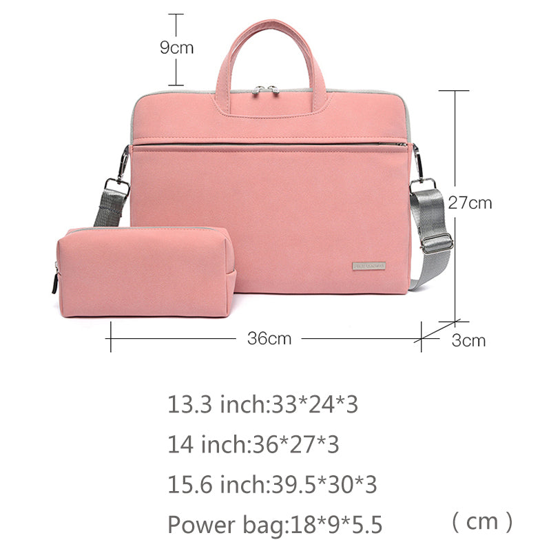 Pink PU leather laptop bag with top handle, side straps, and included small pouch