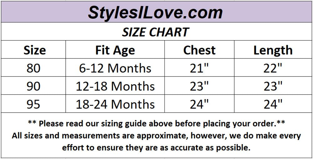 Baby outfit size guide showing chest and length for sizes 80, 90, 95