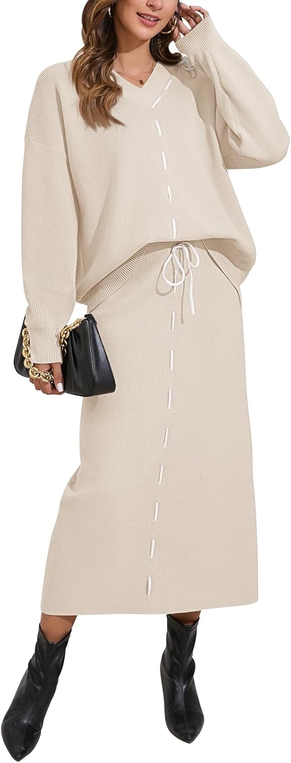 Gray two-piece sweater set with V-neck long sleeves and tie-waist maxi bodycon skirt