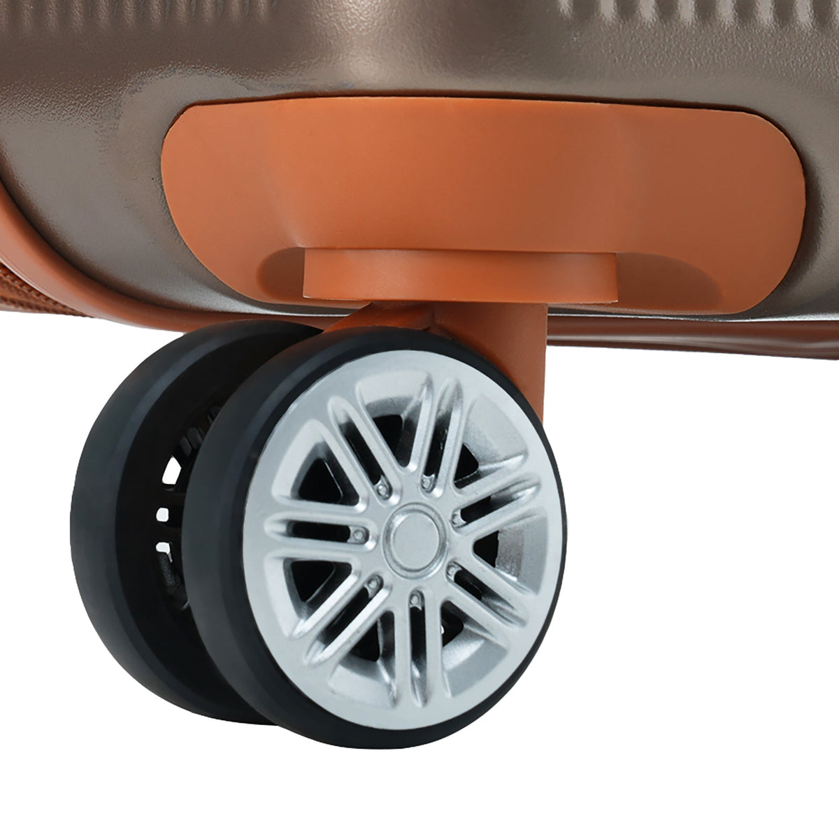 Copper-trimmed dual spinner wheel with silver rim and black tire