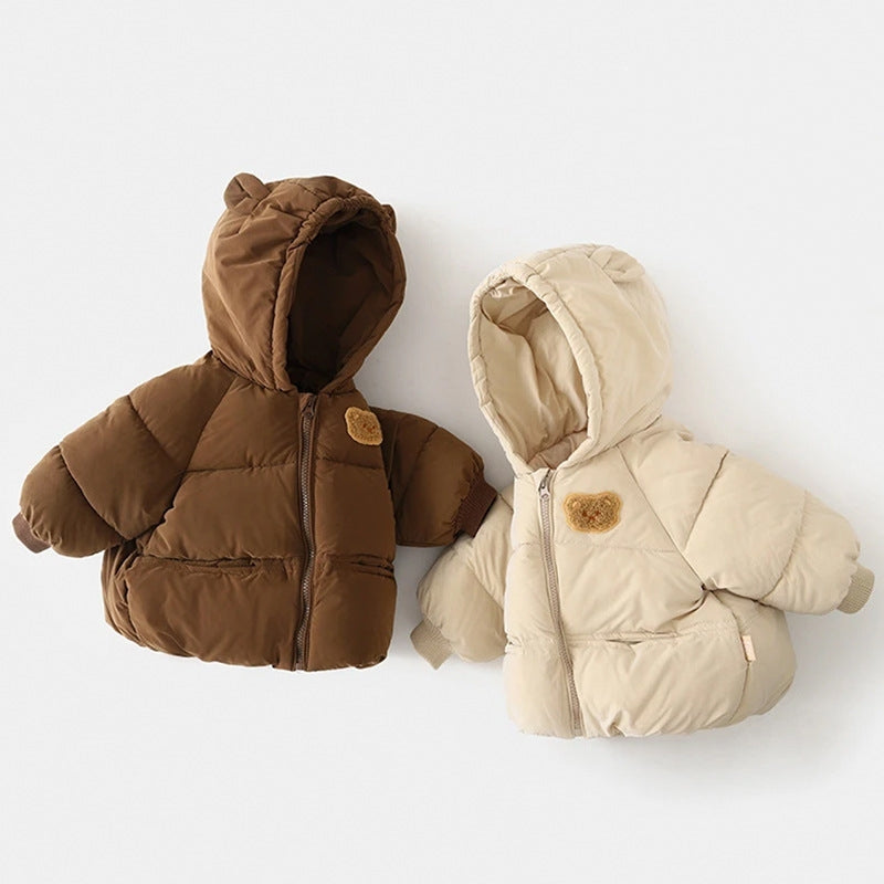 Pair of hooded baby winter cotton-padded jackets, dark brown and apricot, full-zip