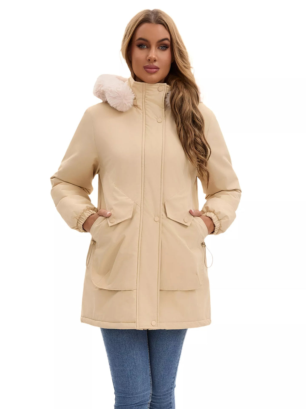 Khaki fur-trim hooded parka with drawstring waist and front button placket